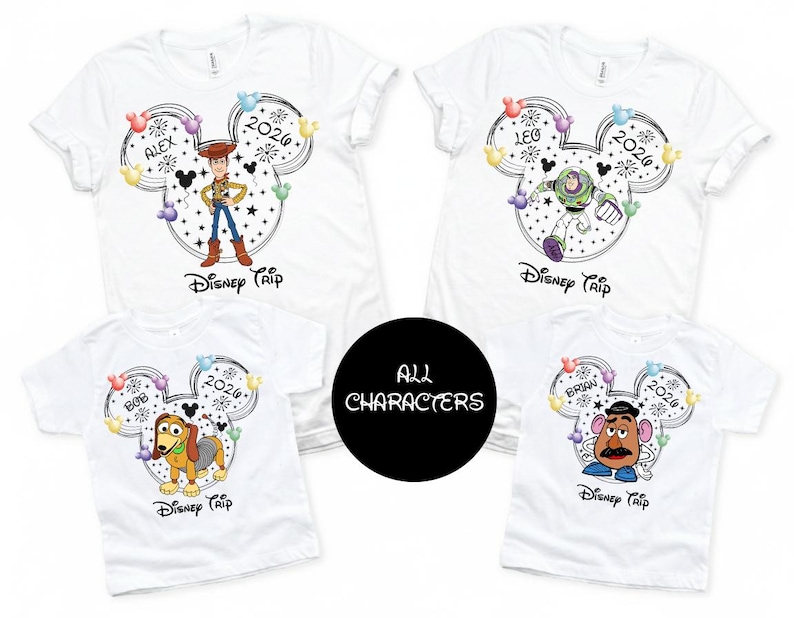 four Disney-themed t-shirts, each featuring a different character from the Toy Story franchise. The t-shirts are arranged in a square formation, with each one displaying a unique character from the series.