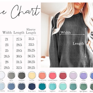 May include: Size chart for a long-sleeved sweatshirt with measurements in inches for width, length, and sleeve length. The chart shows sizes S through 3XL. The sweatshirt is shown in grey. Below the chart are color swatches for different colors of the sweatshirt.