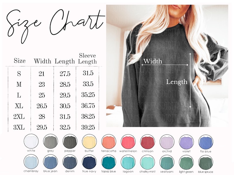 May include: Size chart for a long-sleeved sweatshirt with measurements in inches for width, length, and sleeve length. The chart shows sizes S through 3XL. The sweatshirt is shown in grey. Below the chart are color swatches for different colors of the sweatshirt.