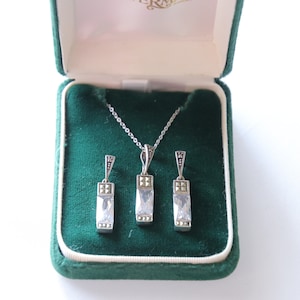 Vintage Mid Century Sterling Silver (925 Thailand) & Marcasite Emerald Cut Stone Pendant Necklace and Pierced Earrings
