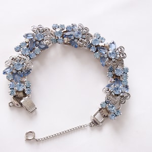 Vintage 1960's Juliana D & E (De Lizza and Elster) Silver Tone Filigree and Blue Rhinestone Cluster Link Bracelet