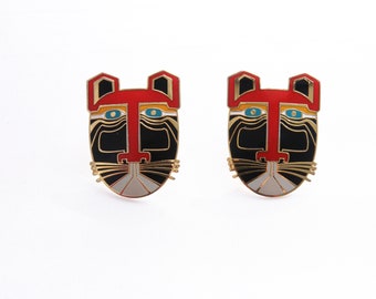Pendientes vintage "Miikio" de Laurel Burch con esmalte cloisonné sobre dorado