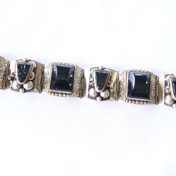 Vintage 1950's Signed Taxco 925 Sterling Silver & Black Onyx Mexican Link Bracelet