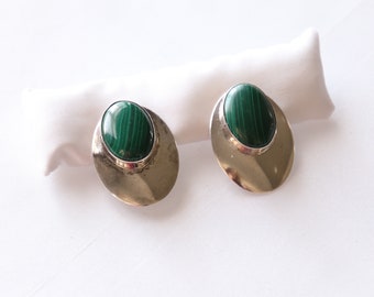 Vintage 1960's Sterling Silver & Malachite Oval Modernist Clip-On Earrings