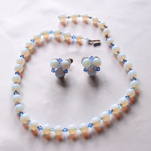 Art Deco Signed Hobe Opalescent Moonstone Art Glass & Crystal Beaded Necklace And Matching Clip-On Screw Back Earrings