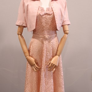 Vintage 1950&#39;s Miss Bea-Tween Blush Colored Lace Dress with Matching Linen Bolero Jacket