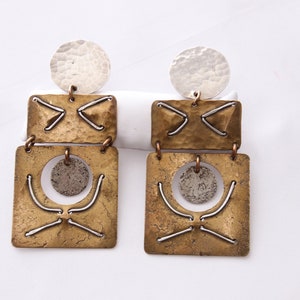Vintage 1970's Signed Baer SF (Marjorie Baer) Large Mixed Metal Modernist Dangle Lever Post Pierced Earrings