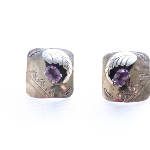 Vintage 1960's Signed T & R Singer Sterling Silver Navajo Amethyst Stamped Feather Pierced Post Earrings