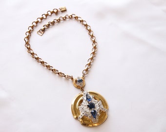 Rare Vintage Signed McClelland Barclay Art Deco Blue & Clear Rhinestone Gold Plated pendant necklace