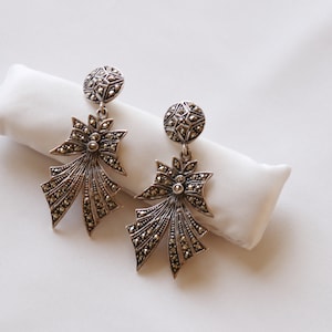 Vintage Signed Sterling Silver & Marcasite Dangle Bow Post Pierced Earrings
