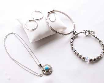 Sterling and Crystal Bracelet Lot of Sterling Silver MarcasiteTurquoise Pendant Bangle Bracelet /& Hoop Pierced Earrings