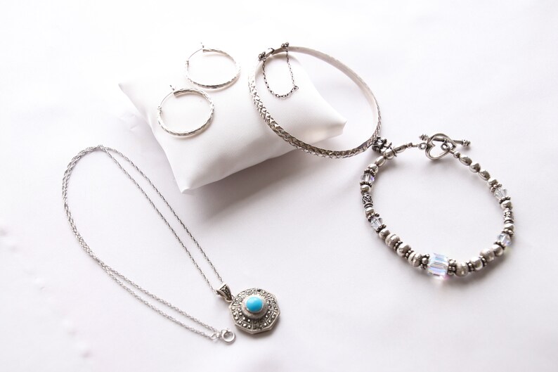 Sterling and Crystal Bracelet Lot of Sterling Silver MarcasiteTurquoise Pendant Bangle Bracelet /& Hoop Pierced Earrings