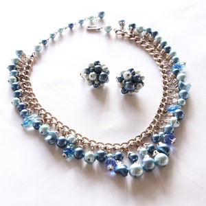 Vintage 1960&#39;s Made In Japan Silver Tone & Blue Bead Dangle Choker Necklace And Clip-On Earrings