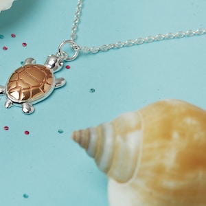 Könnte beinhalten: Eine silberne Halskette mit einem Schildkrötenanhänger. Der Schildkrötenanhänger hat einen silbernen Kopf und Beine sowie einen kupferfarbenen Panzer. Die Halskette liegt auf einer hellblauen Oberfläche mit einer Muschel im Hintergrund.