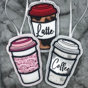ITH Takeaway Coffee Cup Hanger - Applique Decoration - Embroidery Design - Christmas Ornament - In The Hoop Xmas - Latte - Coffee Addict