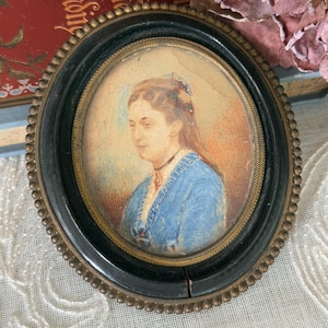 Antique Miniature Portrait Painting: 1847 French Woman