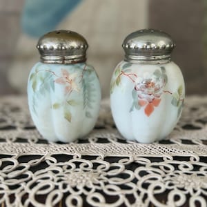 Antique Hand-Painted Glass Salt & Pepper Shakers | 3.5” Tall | Original Metal Lids | Victorian Kitchen Collectible
