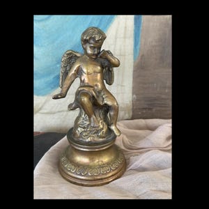 Antique Bronze Cherub Sculpture | 19th Century Seated Angel Figure | Gilt Bronze Putto | Continental Bronze Art | Romantic Bronze Decor