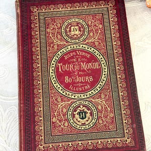 1877 Jules Verne &#39;Around The World&#39; Antique Book: Hetzel Gilt Binding, Illustrated