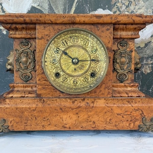Vintage Seth Thomas Adamantine Mantel Clock- Faux Burl Finish - Working - Key & Pendulum