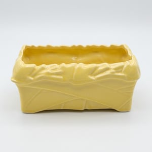 May include: A rectangular, pale yellow ceramic planter with a textured, leaf-like design. The planter has a slightly rough, matte finish and is suitable for small plants or succulents. The overall shape is a simple rectangle.