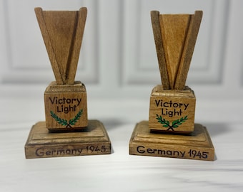 Pair of Vintage Victory Light Wooden Candle Holders Germany 1945 WWII Commemorative Folk Art Candlesticks
