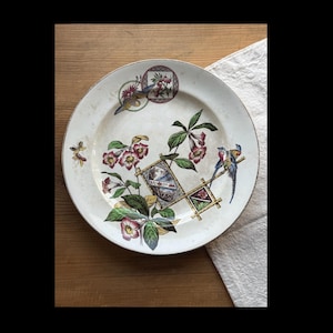 May include: Antique white ceramic plate with a gold rim. The plate features a floral and bird design in shades of pink, green, blue, and yellow. The design includes flowers, leaves, and two birds perched on a branch.
