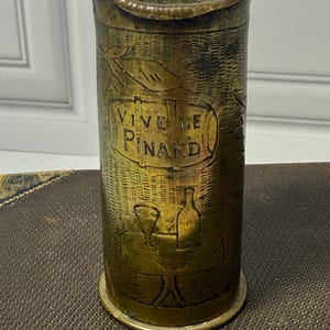 Antique French 37mm Trench Art Shell Casing Vase "Vive Le Pinard" Engraved Brass WWI