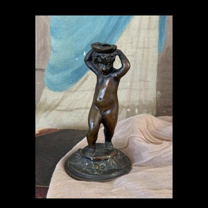 Antique Bronze Cherub Candlestick | 19th Century Continental Putto Figure | Decorative Figural Candle Holder with Floral Base