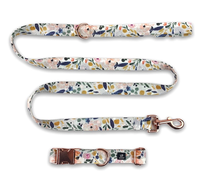 May include: A white dog collar and leash set with a floral pattern in shades of pink, blue, and yellow. The hardware is rose gold.