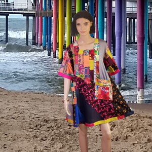 M- L-XL-2XL Patchwork cotton dress Upcycled dress  upcycled clothing colorful hippie dress party dress eco boho tunic top art shirt dress