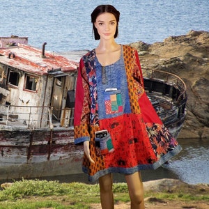 M-L-XL upcycled dress patchwork designer cotton linen dress upcycled clothing plus party dress handmade Midi dress eco tunic top shirt dress