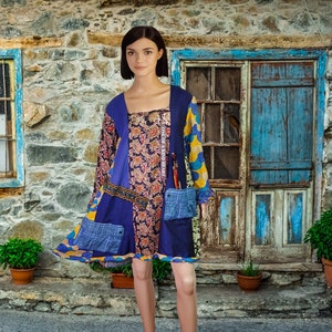 M-L-XL Upcycled dress cotton dress patchwork dress hippie dress fun colorful party dress upcycled clothing fashion tunic top art shirt dress