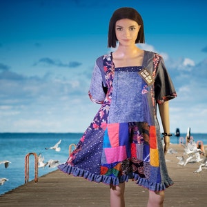 M-XL upcycled clothing Patchwork cotton dress recycled jean denim dress floral party dress upcycled dress Woman&#39;s tunic shirt dress art top