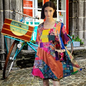 M L-XL-2XL Upcycled dress colorful hippie dress upcycled clothing sustainable patchwork cotton linen party dress fun eco tunic top art shirt