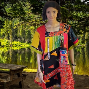 M-L-2XL Upcycled clothing colorful cotton patchwork dress hippie dress midi dress party dress tunic top art dress eco fashion dress