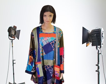 M-to-3XL Upcycled dress designer colorful patchwork dress hippie party art dress fall tunic top shirt midi dress upcycled clothing eco boh