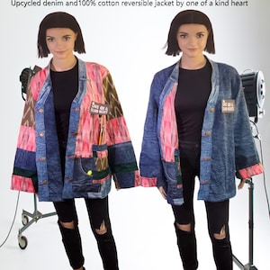 blue jean Jacket M-3XL reversible upcycled denim jacket unique warm coat suit blazer 100 % cotton patchwork top art bohemian hippie boho top