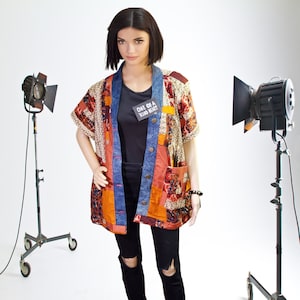 M-L-XL-3XL Reversible jacket blazer 100% cotton jean denim jacket upcycled clothes jacket boho hippie art coat oversized short sleeve jacket