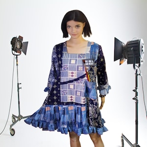 M-XL Upcycled clothing colorful repurposed designer fabric patchwork jean denim print dress hippie recycled tunic top shirt boho midi dress