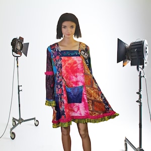 Fits M-L-XL Upcycled dress designer colorful patchwork dress hippie dress recycled tunic top shirt midi dress upcycled clothing eco boho y2k