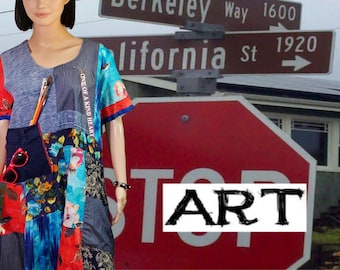 M-L-XL Cotton dress denim upcycled clothing patchwork dress art party dress unique midi dress tunic top shirt dress eco fashion