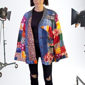 blue jean Jacket M-3XL reversible upcycled denim jacket unique warm coat suit blazer 100 % cotton patchwork top art bohemian hippie boho top