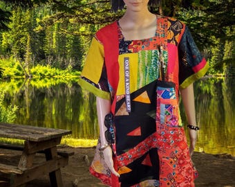 Upcycled Cotton Patchwork Dress: Bohemian Hippie Art Tunic Top (One-of-a-Kind)