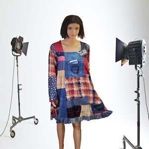 M-L-XL Upcycled clothing designer dress denim jean patchwork dress fall fashion recycled blouse shirt midi dress sustainable bohemian boho