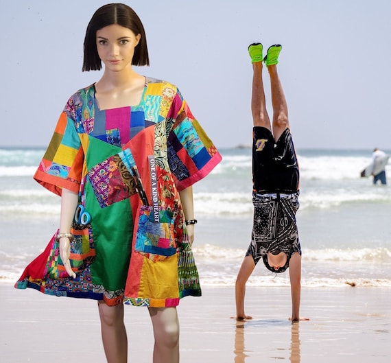 M-L-XL-3XL Colorful patchwork upcycled dress hippie upcycled clothing short dress cotton recycled tunic top art to wear dress Plus size boho
