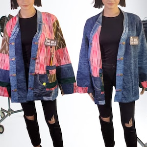 blue jean Jacket M-3XL reversible upcycled denim jacket unique warm coat suit blazer 100 % cotton patchwork top art bohemian hippie boho top