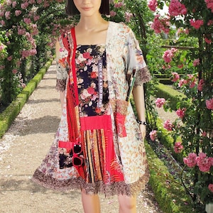 M-XL Upcycled dress cotton patchwork dress handmade floral roses lace party dress midi dress upcycled clothing art blouse tunic shirt dress
