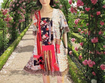 M-XL Upcycled dress cotton patchwork dress handmade floral roses lace party dress midi dress upcycled clothing art blouse tunic shirt dress
