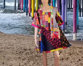 M- L-XL-2XL Patchwork cotton dress Upcycled dress  upcycled clothing colorful hippie dress party dress eco boho tunic top art shirt dress